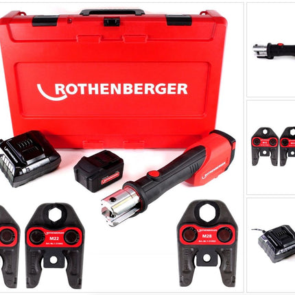 Rothenberger ROMAX 4000 Basic Set Akku Pressmaschine 18V 34 kN + 1x Akku 4,0Ah + Ladegerät + 3x Pressbacken M + Koffer ( 1000001927 ) - Toolbrothers