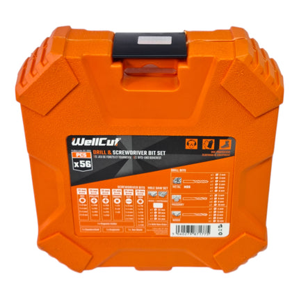WellCut 56 tlg. Bit- und Bohrer Set ( WC-DB56 ) PH / PZ / HEX / Schiltz / TX / Robertson Metall / Holz / Stein Bohrer + Lochsäge 32 - 54 mm