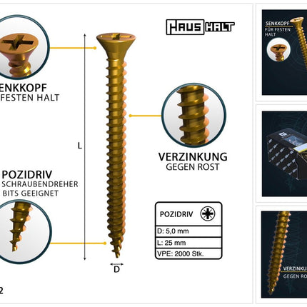 HausHalt Universal Holzbauschraube Holzschraube 5,0 x 25 mm PZ2 2000 Stk. ( 4x 000051371188 ) gelb verzinkt Kreuzschlitz Pozidriv Senkkopf Vollgewinde - Toolbrothers