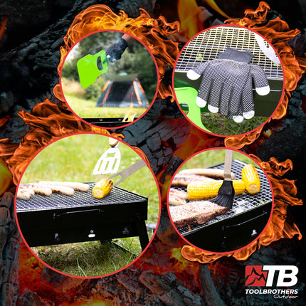 Toolbrothers Zewnętrzny przenośny zestaw do grillowania na węglu drzewnym do montażu bez użycia narzędzi 43 x 29 x 23 cm czarny + sztućce do grillowania, rękawice do grillowania i przegródki do grillowania 8 szt.