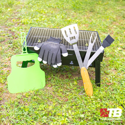 Toolbrothers Zewnętrzny przenośny zestaw do grillowania na węglu drzewnym do montażu bez użycia narzędzi 43 x 29 x 23 cm czarny + sztućce do grillowania, rękawice do grillowania i przegródki do grillowania 8 szt.
