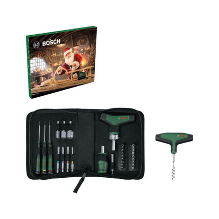 Calendario dell'Avvento Bosch 2024 con set di utensili da 33 pezzi ( 1600A0349X ) Cacciavite a cricchetto con impugnatura a T, cacciavite di precisione, cacciavite a taglio Stubby, accessori, cavatappi, borsa