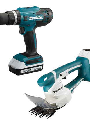 Set speciale Makita DK18B56Y con trapano a percussione HP488D e cesoie per erba UM110D 18 V serie G + 2 batterie da 1,5 Ah + caricabatterie