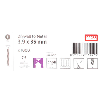 Tornillos para placas de yeso SENCO fosfatados 3,9 x 35 mm 1000 piezas (39B35MP) para soportes metálicos