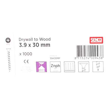 SENCO wkręt do płyt gipsowo-kartonowych do drewna fosforanowany 3,9 x 30 mm 1000 szt. ( 39A30MP ) Wkręty do płyt gipsowo-kartonowych