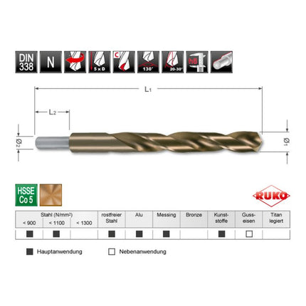 RUKO twist drill DIN 338 type N nominal Ø 13.5 mm HSS-Co5 ( 4000600100 )