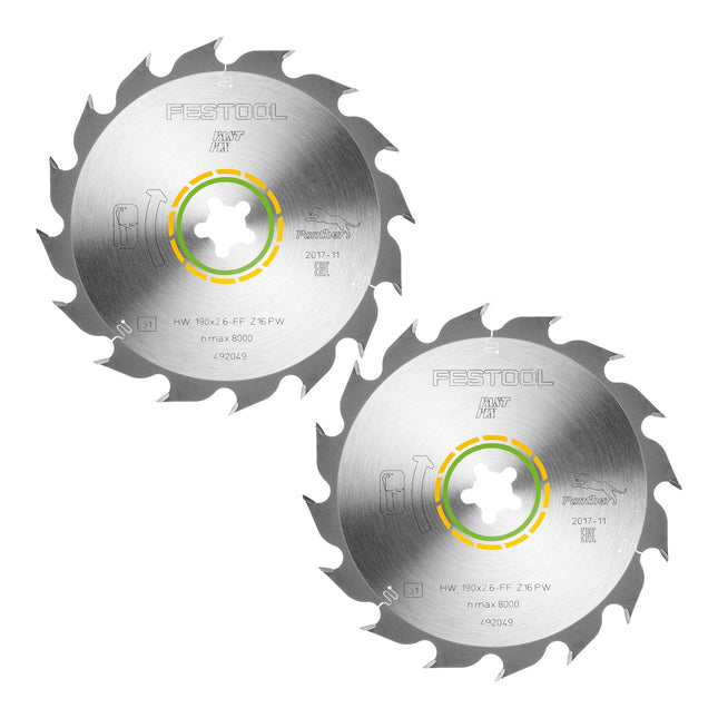 Festool HW 190x2.6 FF PW16 Hoja de sierra circular WOOD RIP CUT 2 pzs. ( 2x 492049 ) 190 x 2.6 mm 16 dientes para cortes longitudinales de madera maciza en dirección de la veta