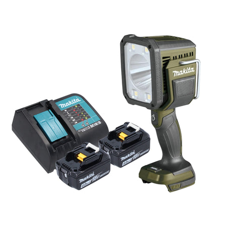 Makita DML 812 SM cordless hand lamp 18 V 1250 lm LED olive green outdoor adventure special edition + 2x rechargeable battery 4.0 Ah + charger