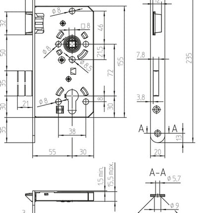 SSF Mortise door lock PZW 20/ 55/72/8 mm DIN right ( 3000251015 )