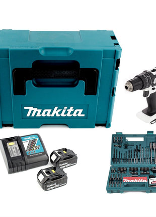 Makita DHP 482 W RTJ - 18 V Li-Ion Akku Schlagbohrschrauber im Makpac + 2x 5,0Ah Akku + Schnellladegerät + Makita B-53811 Bit & Bohrer-Set 100-teilig - Toolbrothers