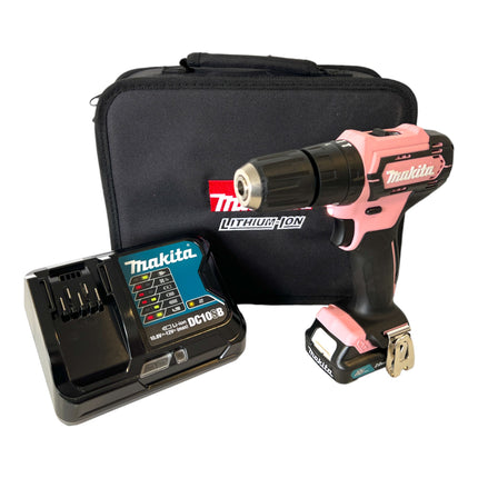 Makita HP 333 DSAP1 akumulatorowa wiertarko-wkrętarka udarowa 12 V 30 Nm różowa + 1x akumulator 2,0 Ah + ładowarka + torba