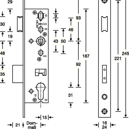 SSF Tubular frame mortise lock ( 3324024332 ) PZW 24/35/92/8 mm DIN left / right deadbolt throw 21 mm 245 mm