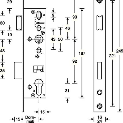 SSF Serratura da infilare a telaio tubolare ( 3324024269 ) PZW 24/45/92/8 mm DIN catenaccio sinistro/destro incavo 15 mm 245 mm