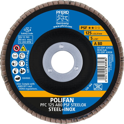 PFERD flap disc POLIFAN A PSF STEELOX ( 8000429633 ) Ø 125 mm grain size 80 conical