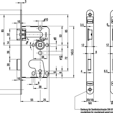 Zamek wpuszczany BKS 0215 ( 3000251045 ) BB 20/ 55/72/8 mm DIN lewy klasa 1 PVC-U
