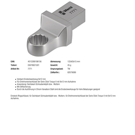 Wera box spanner 7771 ( 8000377411 ) Width across flats 8 mm 9 x 12 mm