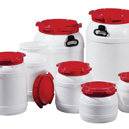 Fusto a collo largo ( 9000450107 ) 10,0 l PE bianco con coperchio rosso Apertura di riempimento Ø 204 mm