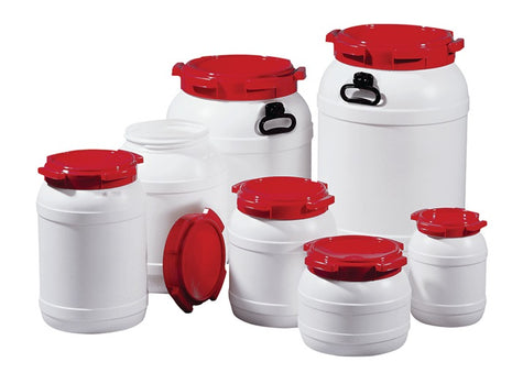 Fût à col large ( 9000450107 ) 10,0 l PE blanc avec couvercle rouge Ouverture de remplissage-Ø 204 mm