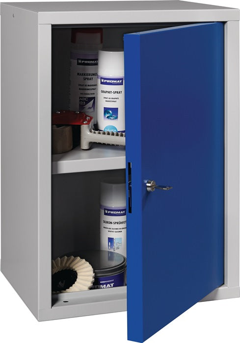 Armario de pared ( 9000453657 ) H600xA400xP300 mm chapa maciza, 1 balda gris claro, RAL 7035/ azul genciana, RAL 5010