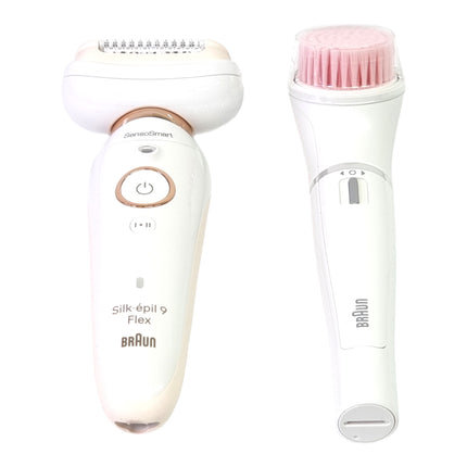 BRAUN Silk-épil 9 Flex 9-100 beauty set epilator ladies / hair remover + FaceSpa facial cleansing brush + 9 attachments + bag white / gold