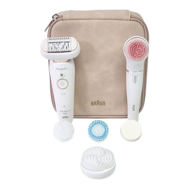 BRAUN Silk-épil 9 Flex 9-100 beauty set epilator ladies / hair remover + FaceSpa facial cleansing brush + 9 attachments + bag white / gold