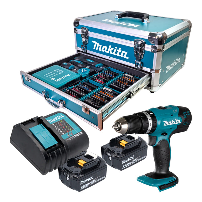 Makita DHP 453 SFX9 Akku Schlagbohrschrauber 18 V 42 Nm 2x Akku 3 0 Ah Ladegeraet 96 tlg Zubehoer Set Koffer 0 - toolbrothers
