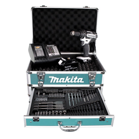 Makita DHP 482 W SGX4 Akku Schlagbohrschrauber 18V 62Nm + 1x Akku 6,0Ah + Ladegerät + 70tlg. Bit Bohrer Set + Koffer