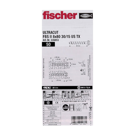 Fischer Tornillo para hormigón ULTRACUT FBS II 8x80mm 30/15 50 piezas cabeza hexagonal SW13 arandela TX40 galvanizado (536853) + broca de acero para hormigón SDS-Plus 10x215 (B-58213)