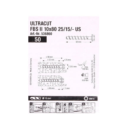 Tornillos para hormigón Fischer ULTRACUT FBS II 10x80mm 25/15/- 200 piezas Cabeza hexagonal SW15 (553687) + Makita NEMESIS 2 SDS-Plus 10x215mm (B-58213)