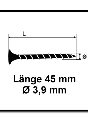 SPAX GIX-B Viti per cartongesso 3,9x45mm, 1000 pz. ( 1891170390456 ) - Filettattura totale, testa a tromba, incavo trasversale H2