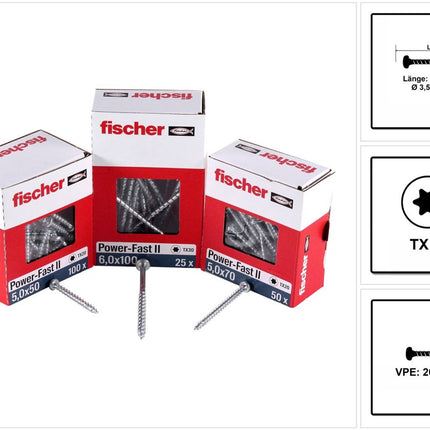 Fischer Power-Fast II FPF II Chipboard Screw 3,5x25mm, Pan head, Torx, Full thread, Blue zinc plated, 200pcs. (670101)