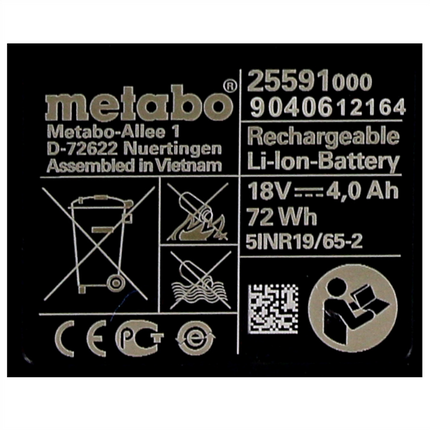 Metabo Battery Set : 2x Li-Power Batteries 4.0 Ah 18 V CAS Li-Ion - charge level indicator (2x 625591000)