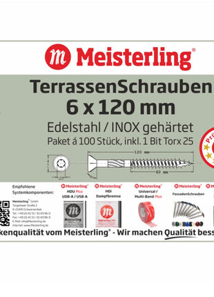 Meisterling Terrassenschrauben 6x120 mm 100 Stück ( 010010000061 ) CUT Spitze 90° Linsen Senkkopf mit Torx 2/3 Grobgewinde VA Edelstahl