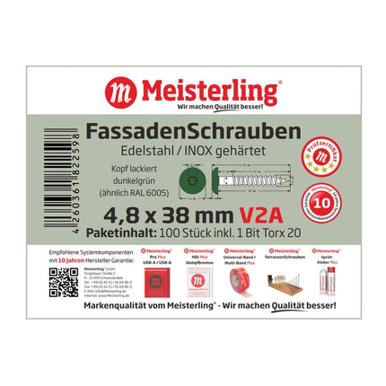 Meisterling Vite per facciate 4,8x38 mm, 100 pz. ( 010020000241 ) - Testa piatta da 12mm, verde scuro, filettatura parziale Torx, in acciaio inossidabile V2A