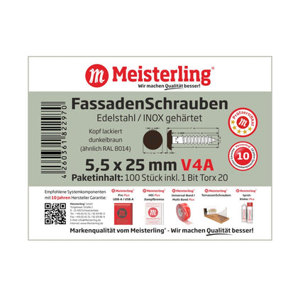 Meisterling Viti per facciate 5,5x25 mm - 100 pz. ( 010030000031 ) 12 mm Testa piatta, marrone scuro, con filetto parziale Torx V4A in acciaio inossidabile