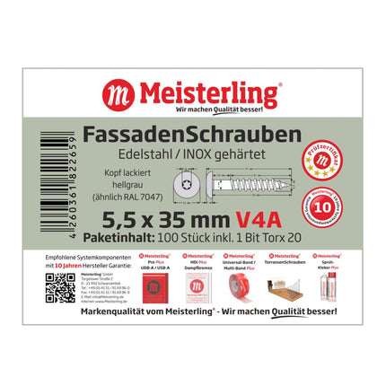 Meisterling Fassadenschrauben 5,5x35 mm 100 Stück ( 010030000121 ) 12 mm Flachkopf hellgrau mit Torx Teilgewinde V4A Edelstahl
