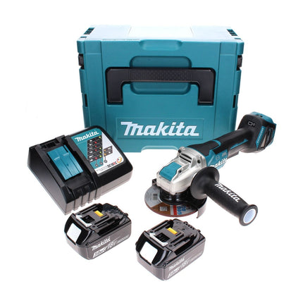 Amoladora angular sin cable Makita DGA 519 RFJ 18 V 125 mm Brushless X-Lock + 2x batería recargable 3,0 Ah + cargador + Makpac