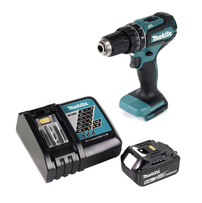 Taladro de percusión sin cable Makita DHP 485 RG1 18 V 50 Nm sin escobillas + 1x batería recargable 6,0 Ah + cargador