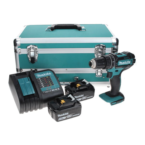 Makita DHP 482 STTX Trapano avvitatore con percussione a batteria 18 V 62 Nm + 2x Batterie 5,0 Ah + Caricabatterie + Set 70 punte + Valigetta in alluminio TX