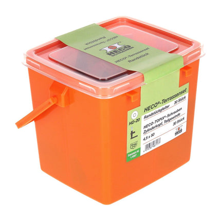 HECO Set di fissaggio per bordi terrazza, 30 pz. ( 48717 ) + Set di viti HECO TOPIX 4,5 x 50 mm HD 20 - Valigetta plastica