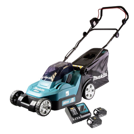 Cortacésped a batería Makita DLM 432 RM2 36 V (2x 18 V) 43 cm sin escobillas + 2x batería 4,0 Ah + cargador