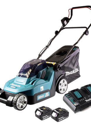 Makita DLM 382 PM2 Rasaerba a batteria 36V ( 2x 18V ) / 38 cm / 40 l + 2x Batterie 4,0 Ah + Caricabatterie doppio