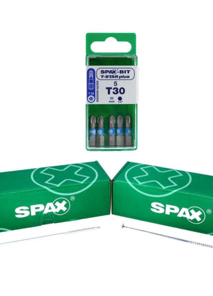 SPAX Set BIT T-STAR plus T30 - 6,4 x 25 mm, 5 Stk. ( 5000009182309 ) + HI.FORCE Tellerkopf Schraube 6,0 x 200 mm 50 Stk. ( 0251010602005 )