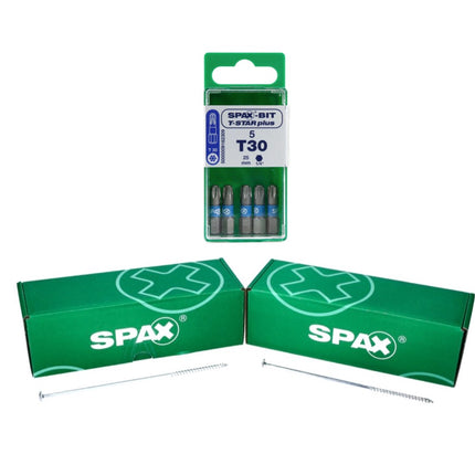 SPAX Set BIT T-STAR plus T30 - 6,4 x 25 mm, 5 Stk. ( 5000009182309 ) + HI.FORCE Tellerkopf Schraube 6,0 x 40 mm 200 Stk. ( 0251010600405 ) - Toolbrothers