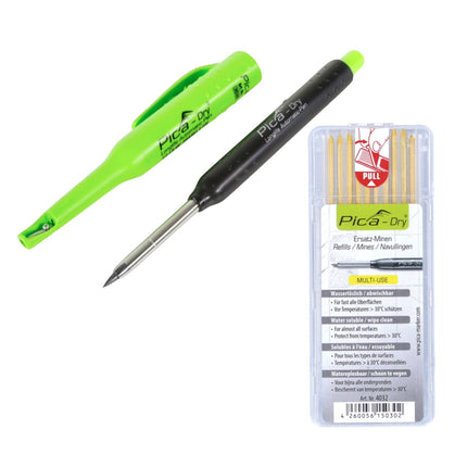 Pica DRY Longlife Automatic Pen Tieflochmarker ( 3030 ) + 10 tlg. Ersatz Minen Set Wasserlöslich Gelb ( 4032 )