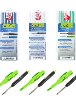 Pica DRY Vorteils Pack 3x Longlife Automatic Pen Tieflochmarker + 30x Spezial Minen Wasserstrahlfest Blau Weiss Grün - Toolbrothers