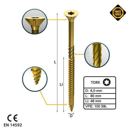 FORTE Tools Tornillo universal para madera 6,0 x 80 mm T30 100 piezas (000051399496) rosca parcial Torx cabeza avellanada galvanizada amarilla