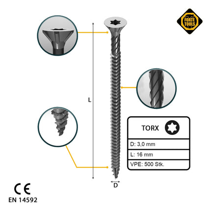 FORTE Tools Universal Holzschraube 3,0 x 16 mm T10 500 Stk. ( 000040113856 ) silber verzinkt Torx Senkkopf Vollgewinde - Toolbrothers