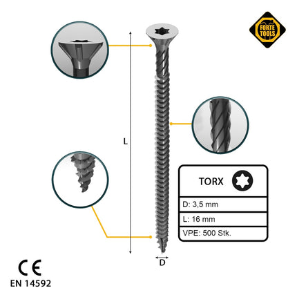 FORTE Tools Universal Holzschraube 3,5 x 16 mm T15 500 Stk. ( 000040113860 ) silber verzinkt Torx Senkkopf Vollgewinde - Toolbrothers