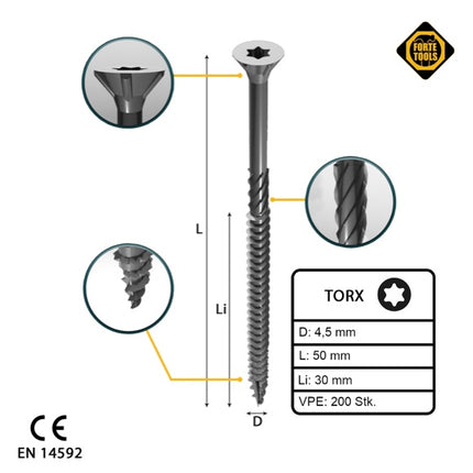 FORTE Tools tornillo universal para madera 4,5 x 50 mm T20 200 piezas (000040113874) rosca parcial Torx cabeza avellanada galvanizada plateada